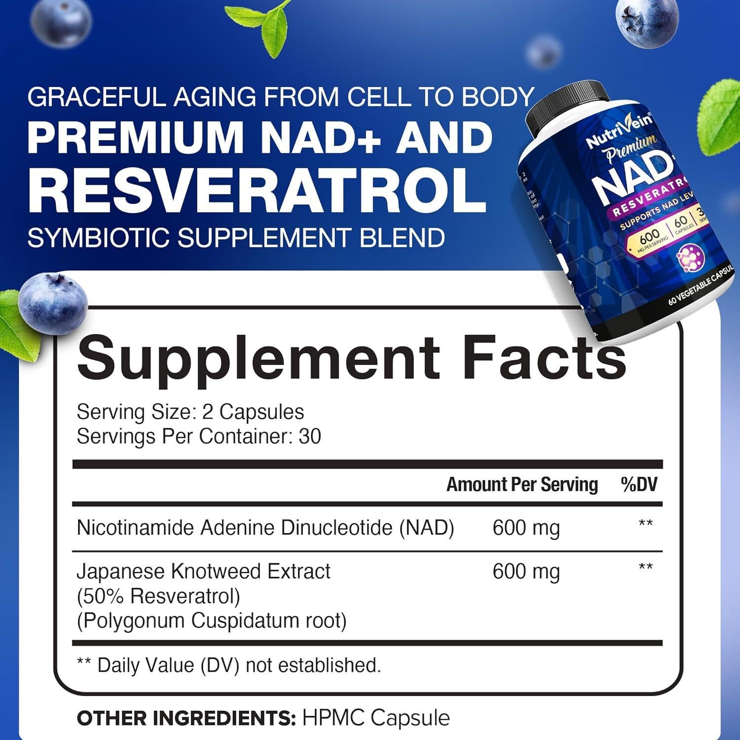 Suplemento de NAD+ y Resveratrol Nutrivein 600 mg - 60 Cápsulas