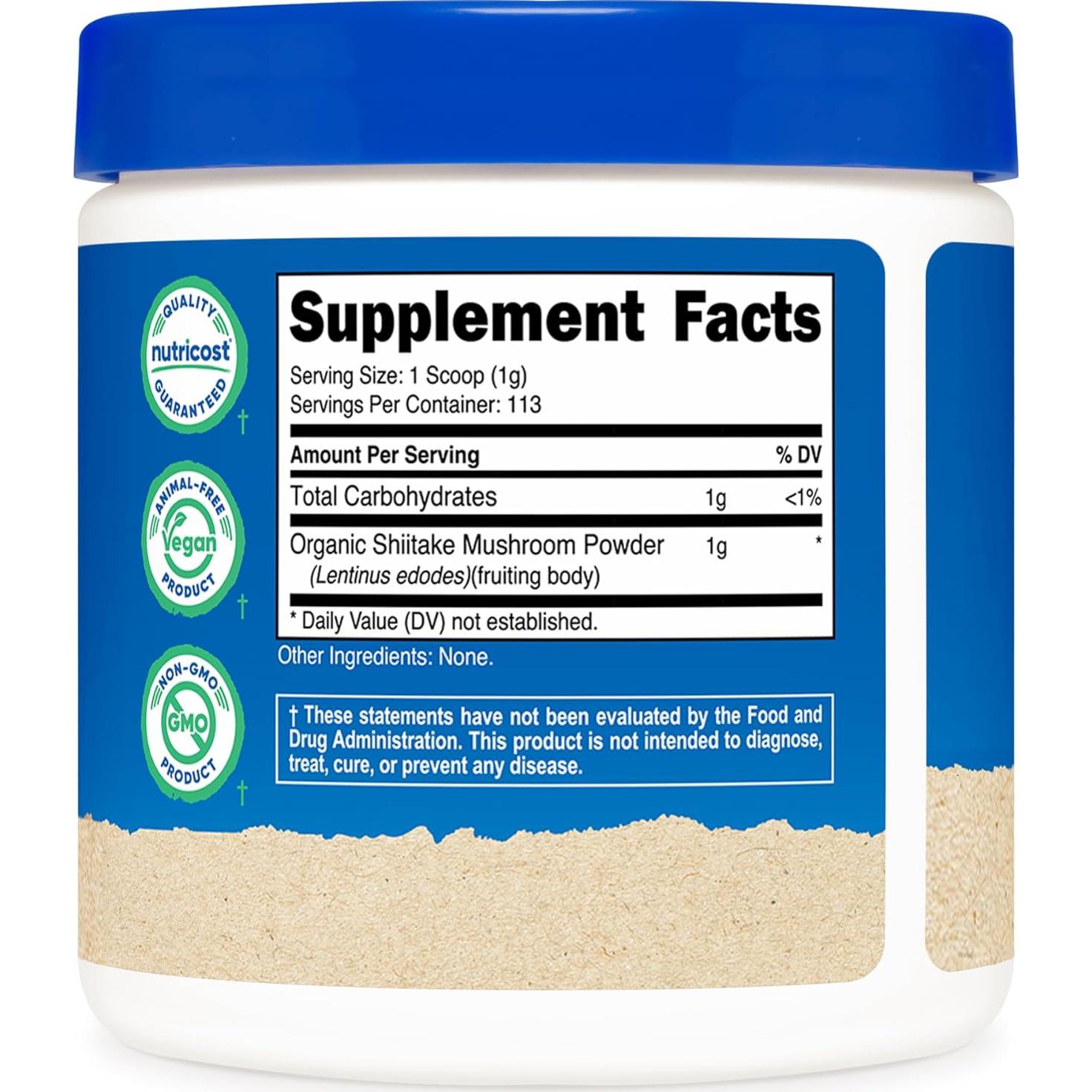 Polvo de Champiñón Shiitake Orgánico Nutricost 113 g - Sin Gluten