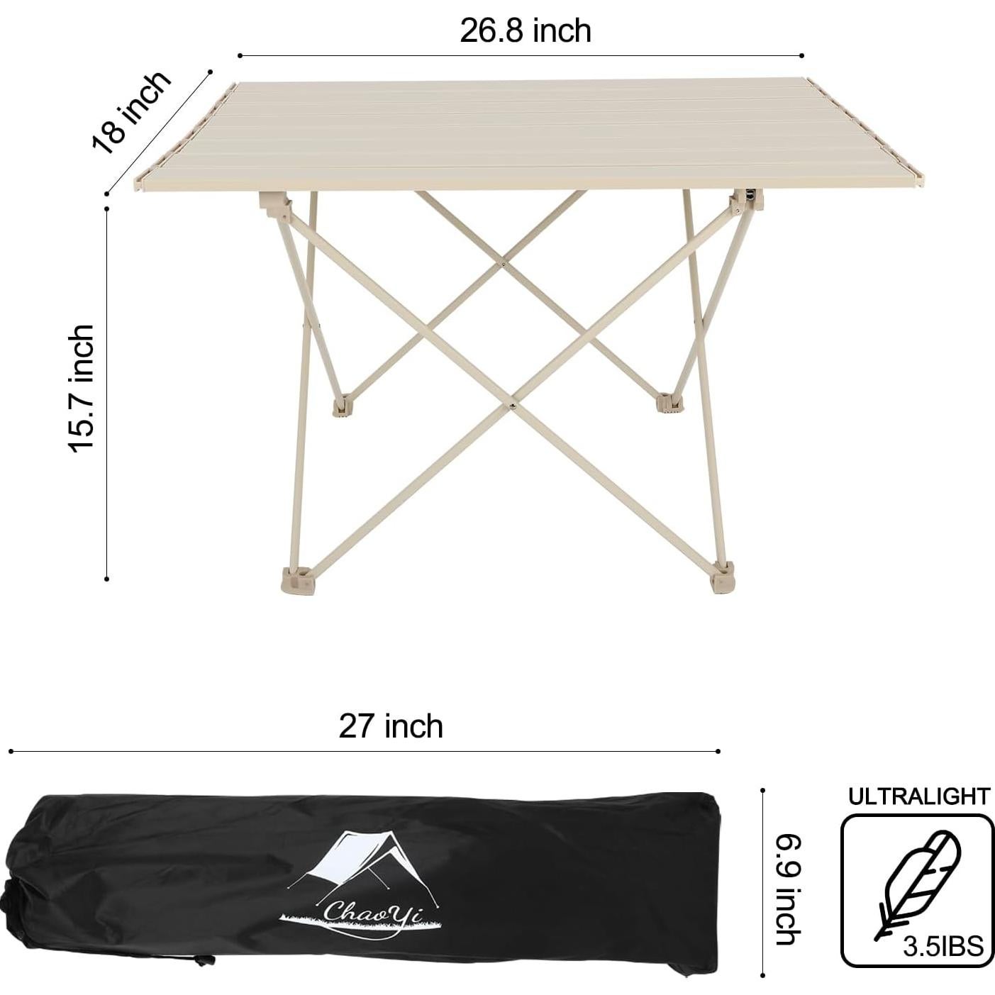 Portable Camping Table,Folding Side Table Aluminum Top for Camping Hiking Backpacking Outdoor Picnic（27" D x 18" W x 16" H，Off White）