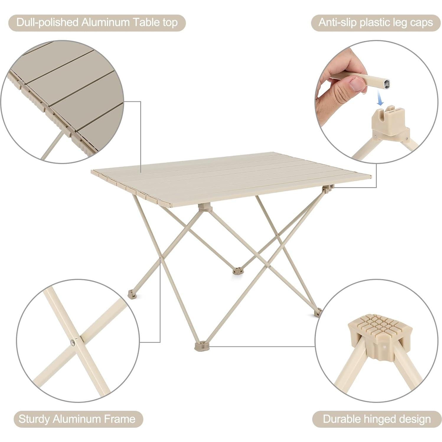Portable Camping Table,Folding Side Table Aluminum Top for Camping Hiking Backpacking Outdoor Picnic（27" D x 18" W x 16" H，Off White）