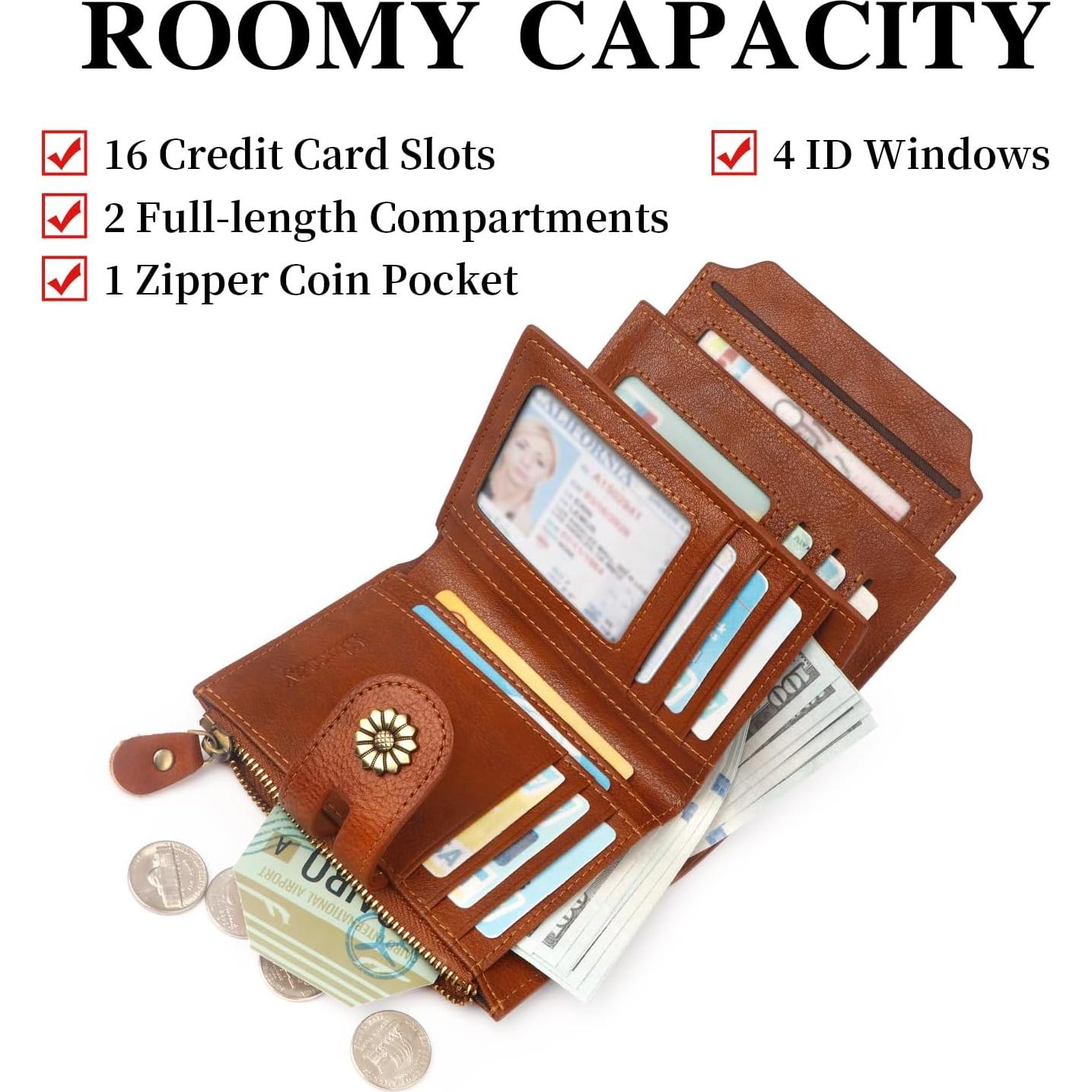 Cartera de Cuero para Mujeres Blucoay con Bloqueo RFID Marrón