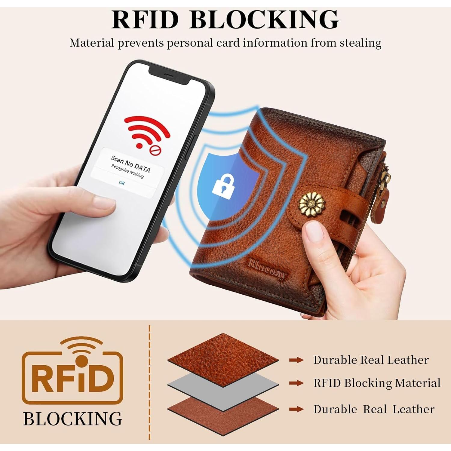 Cartera de Cuero para Mujeres Blucoay con Bloqueo RFID Marrón