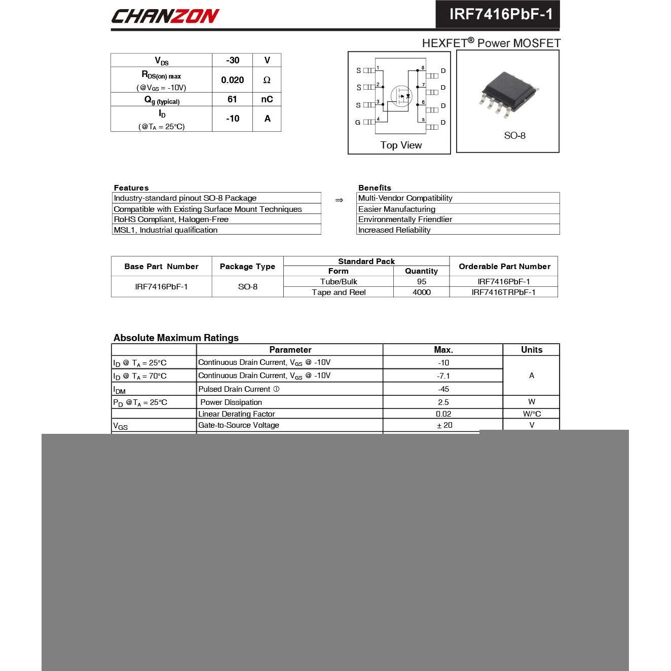 Transistor MOSFET P-Canal Chanzon IRF7416TRPBF Paquete 10 Piezas