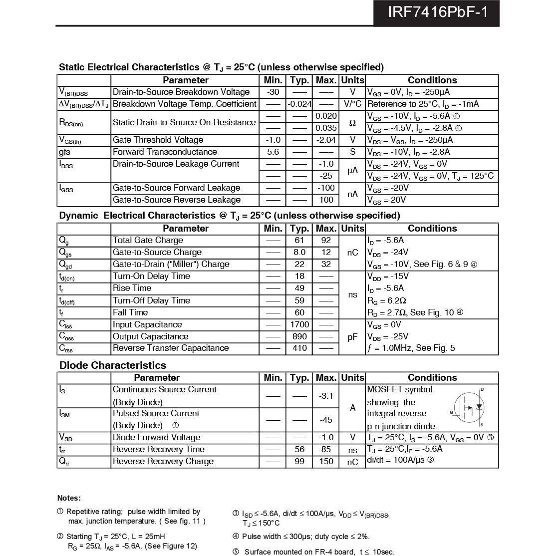 Transistor MOSFET P-Canal Chanzon IRF7416TRPBF Paquete 10 Piezas