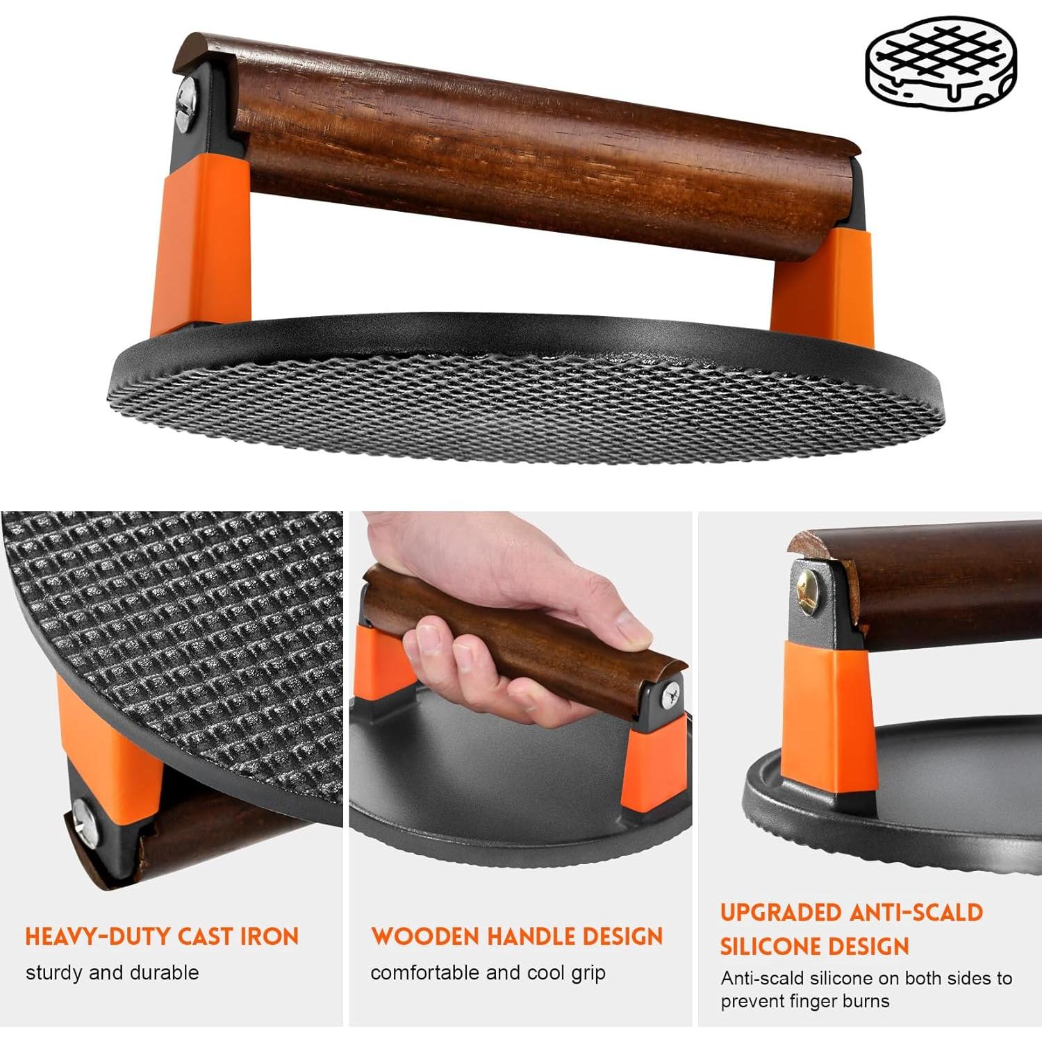 Prensa de Hamburguesas GGC de Hierro Fundido 18 cm con Mango de Madera