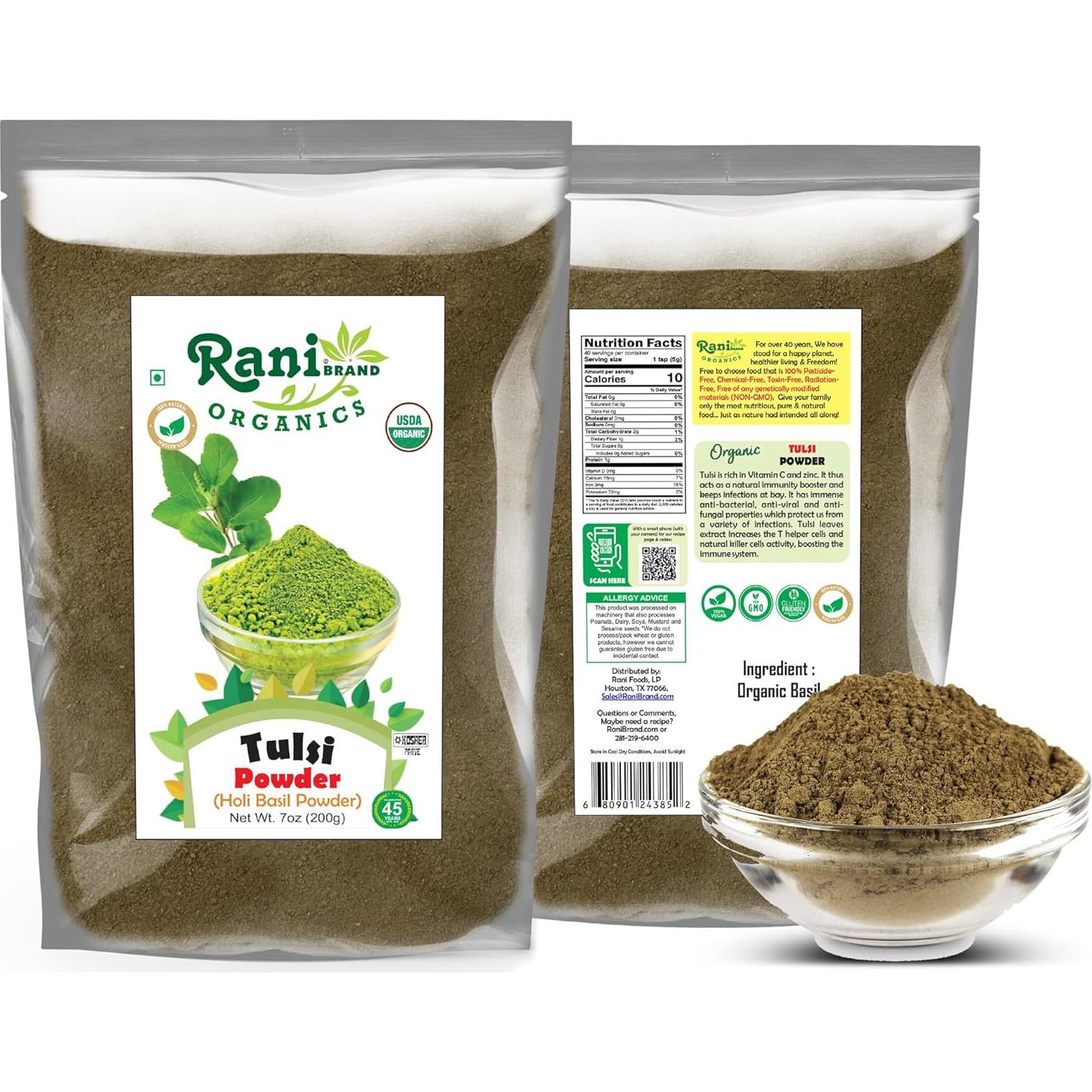 Polvo de Albahaca Sagrada Orgánica Rani 200g - Sin Gluten, Kosher