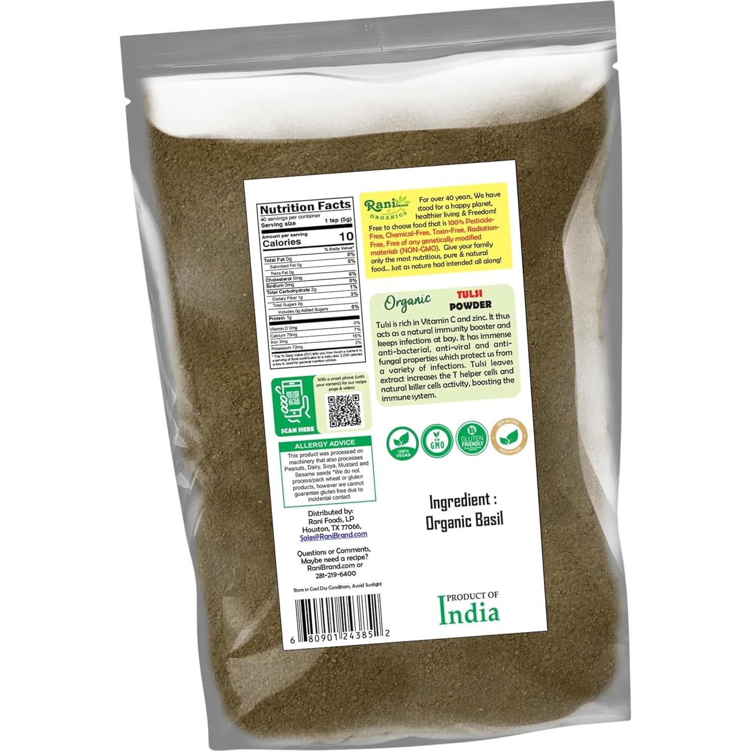 Polvo de Albahaca Sagrada Orgánica Rani 200g - Sin Gluten, Kosher