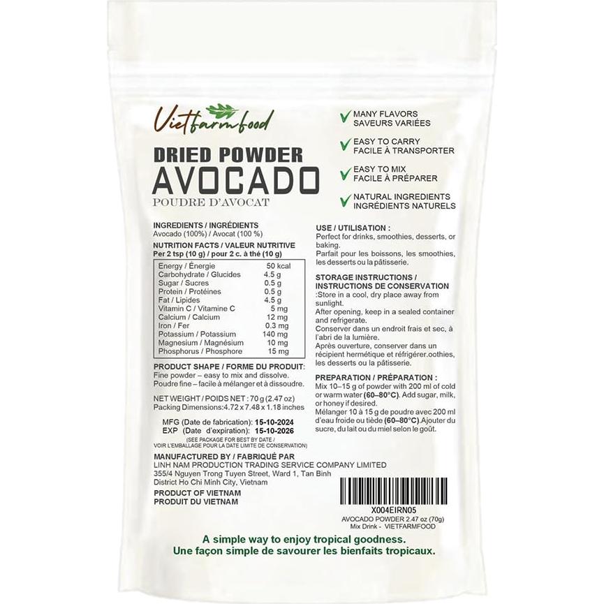 Polvo de Aguacate 70g - Natural, Sin Aceite, Energía Vegetal