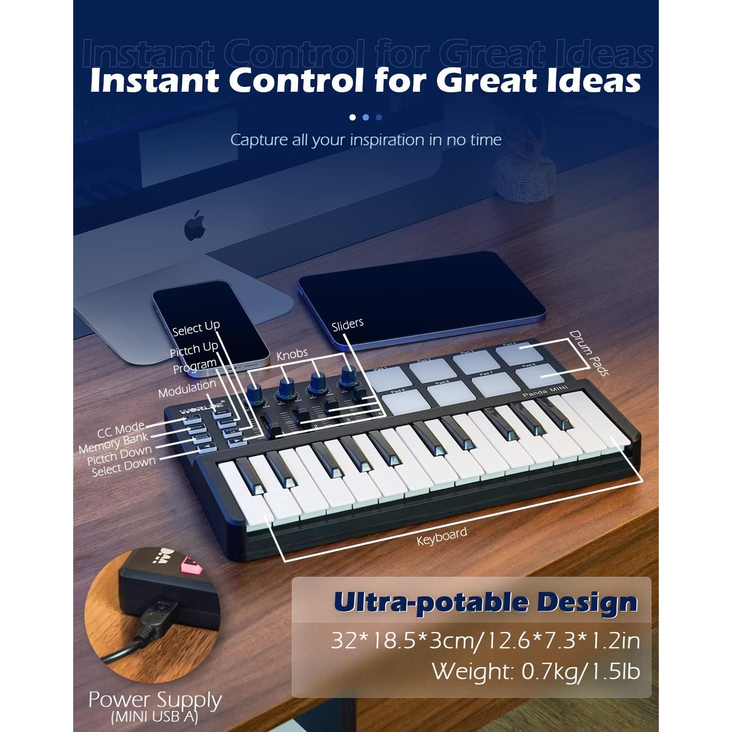 Teclado MIDI Vangoa 25 Teclas USB con Pads de Batería