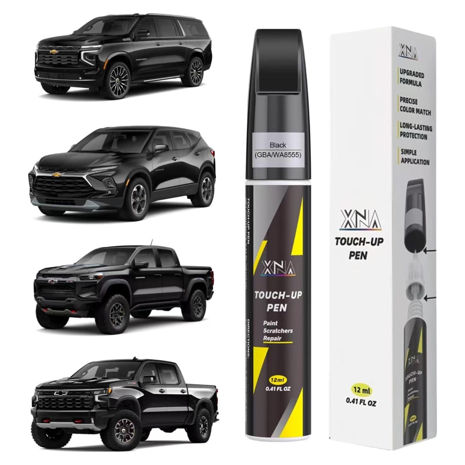 XNA Car Touch Up Paint (Black(GBA/WA8555)) for Chevrolet, 2 in 1 Car Scratch Remover with Pen Tip and Brush, Exact Color-Matched for Car Paint Scratch Repair, Quick & Easy Fix