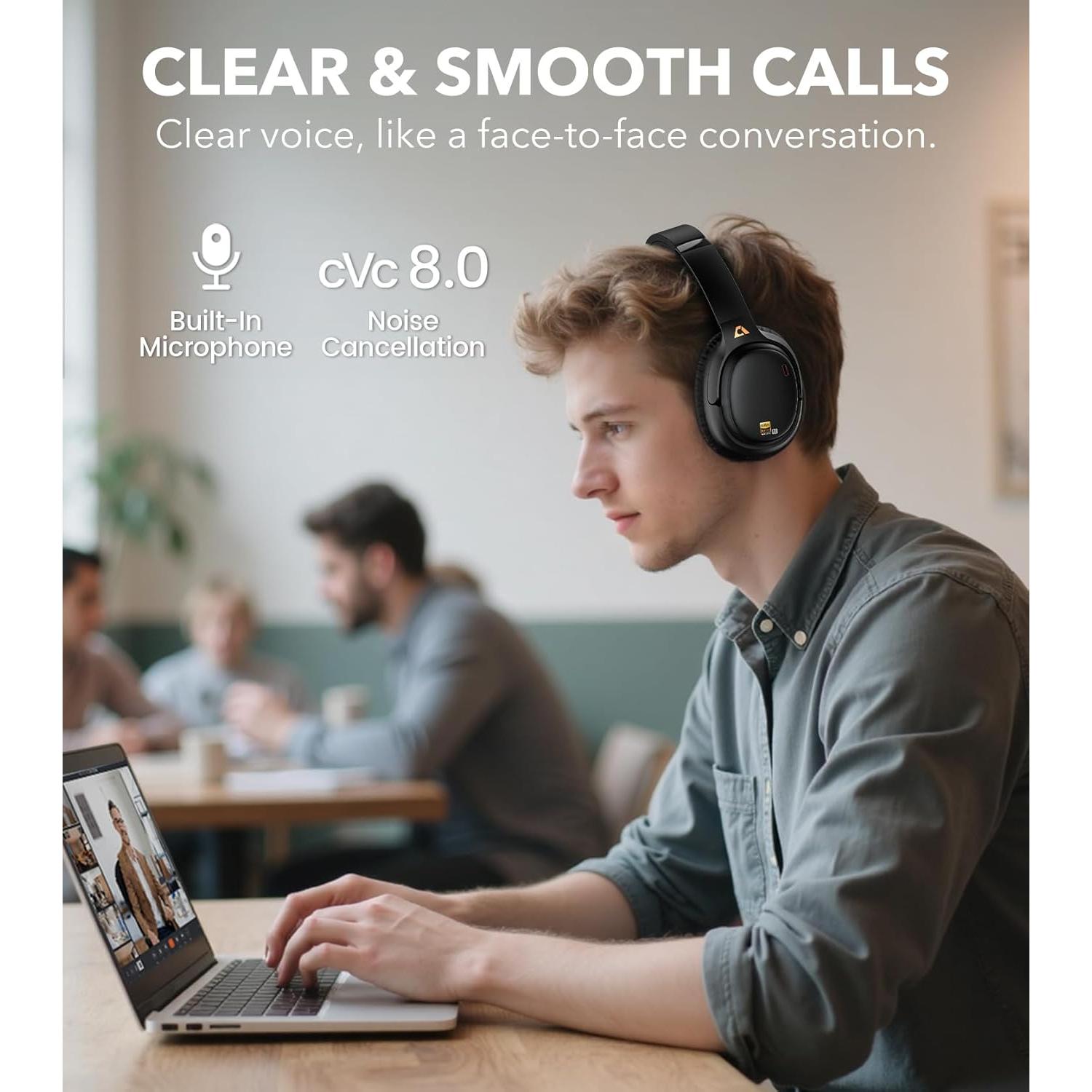 1Mii E700 Wireless Bluetooth Over Ear Headphones with Active Noise Canceling, Hi-Res Audio LDAC/aptX Low Latency for Airplane Travel Overhead Comfort, 54H Playtime, Custom EQ via App - Black