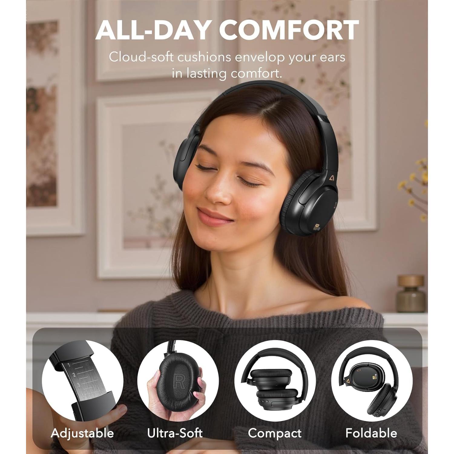 1Mii E700 Wireless Bluetooth Over Ear Headphones with Active Noise Canceling, Hi-Res Audio LDAC/aptX Low Latency for Airplane Travel Overhead Comfort, 54H Playtime, Custom EQ via App - Black