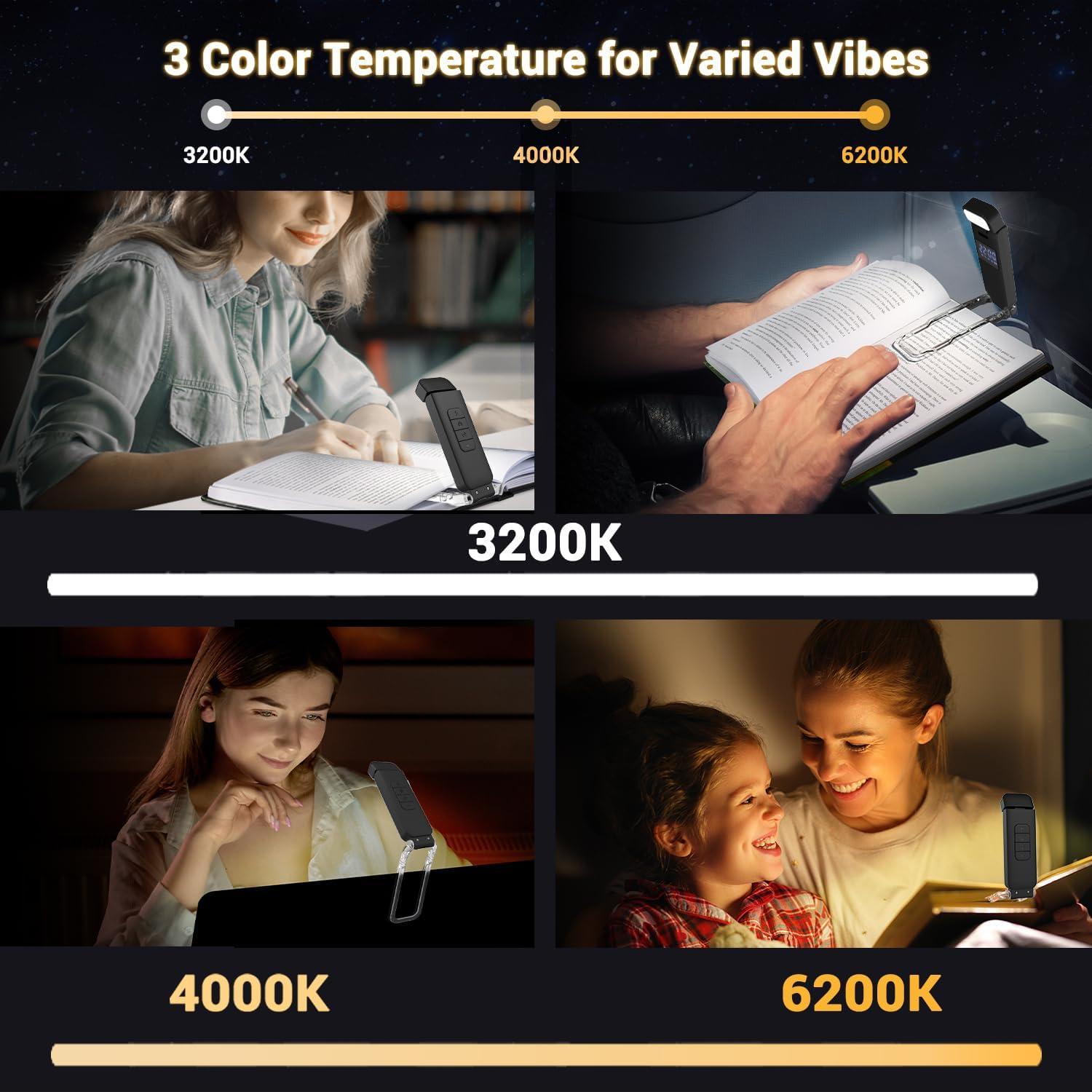 Luz de Libro LED SFV Recargable USB Clip-on 3 Colores 5 Brillos