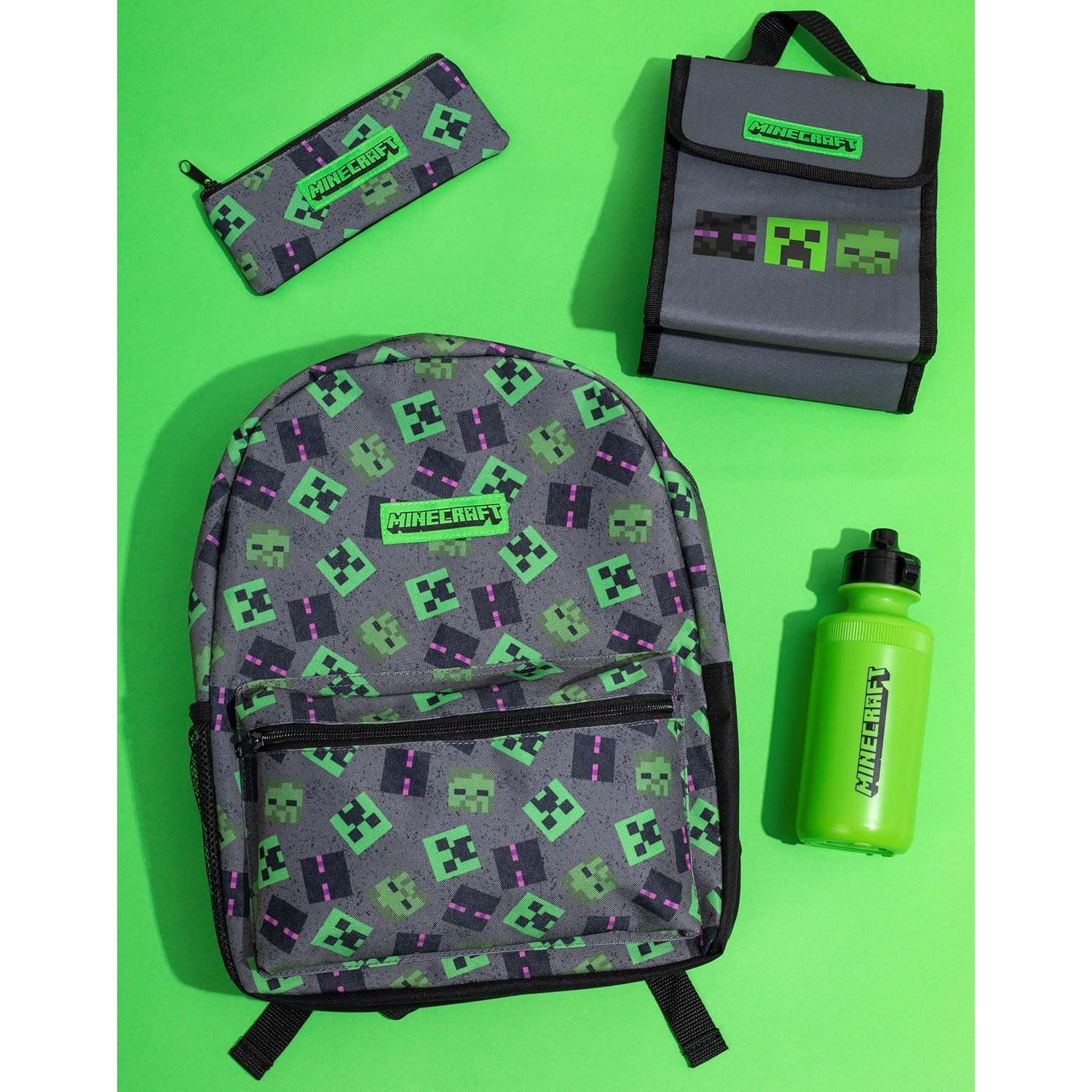 Mochila Escolar Minecraft 4 Piezas Gris - Creeper, Zombie, Enderman