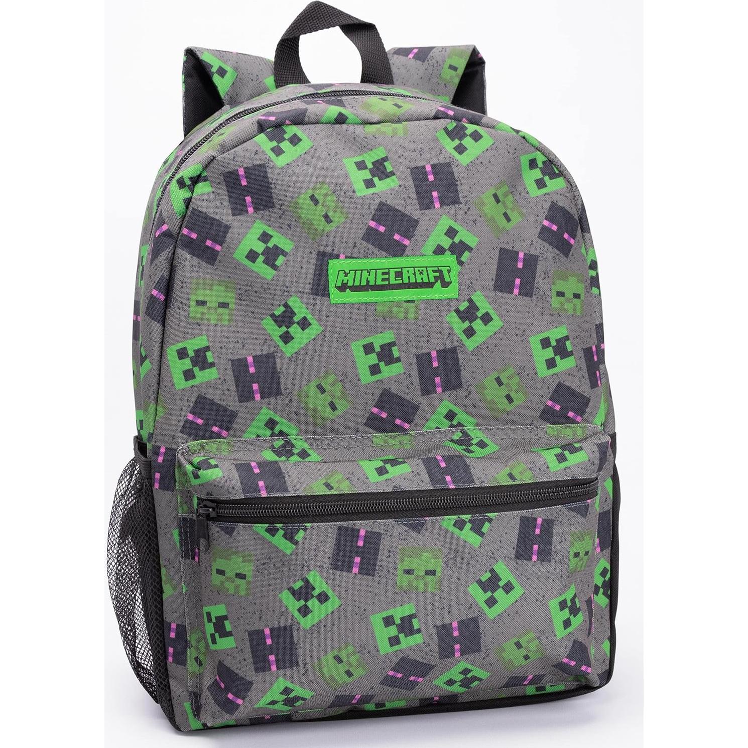 Mochila Escolar Minecraft 4 Piezas Gris - Creeper, Zombie, Enderman