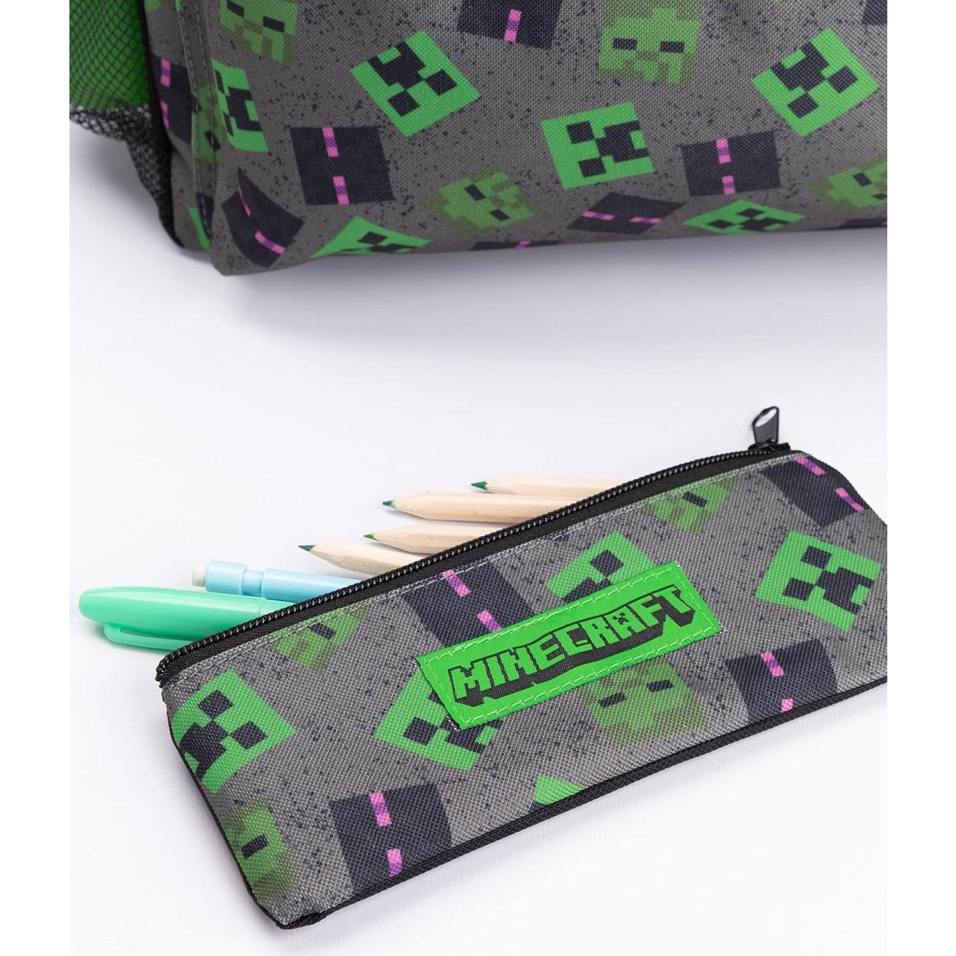 Mochila Escolar Minecraft 4 Piezas Gris - Creeper, Zombie, Enderman