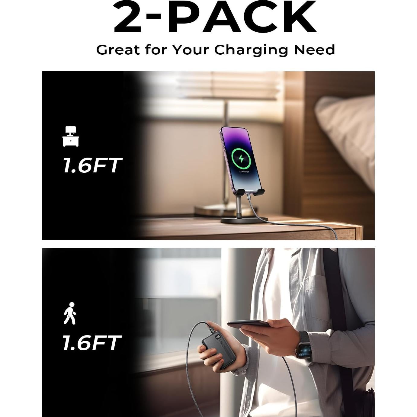 Cable USB C a USB C 60W LISEN 2-Pack 0.5m Carga Rápida Negro