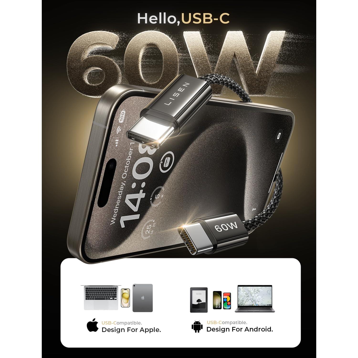 Cable USB C a USB C 60W LISEN 2-Pack 0.5m Carga Rápida Negro