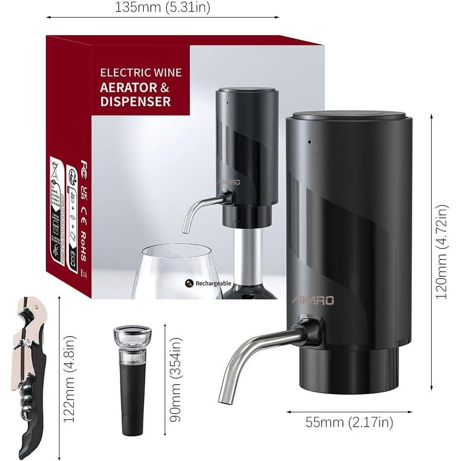 Aireador de Vino Eléctrico AIKARO Set con Sacacorchos y Tapón