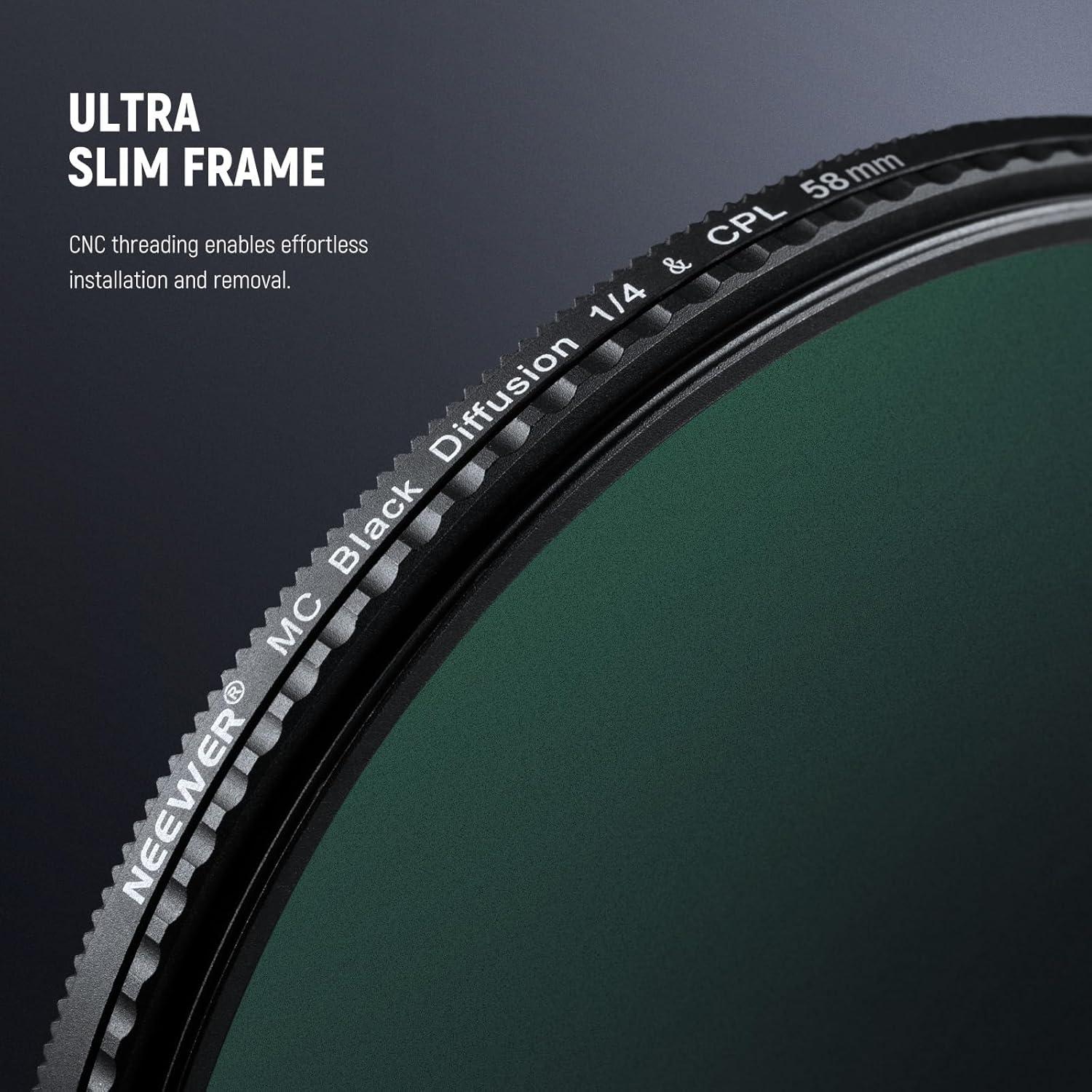 Filtro CPL NEEWER 58mm + Difusor 1/4, Aluminio Delgado