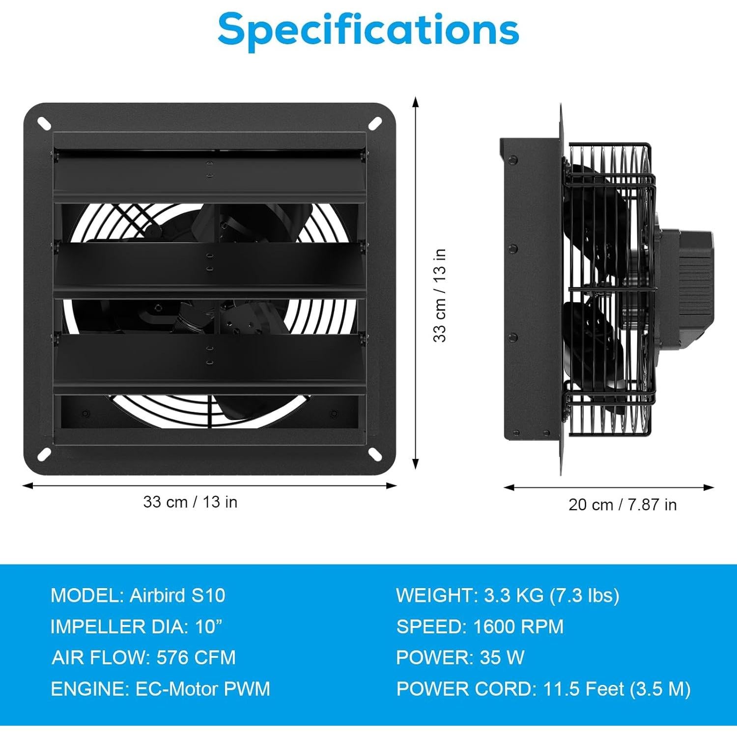 Ventilador de Escape AITECAC Airbird S10 10" 5 Velocidades