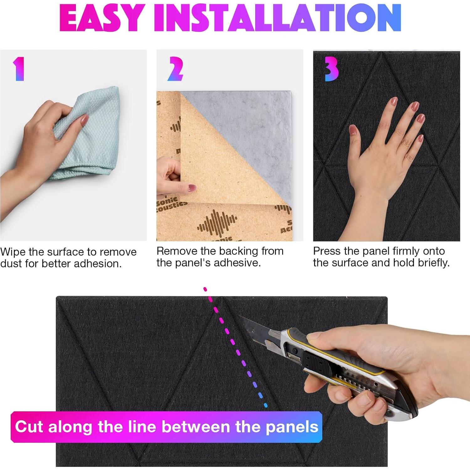 Paquete de 18 Paneles Acústicos Autoadhesivos Sonic 30.48x30.48cm Negro