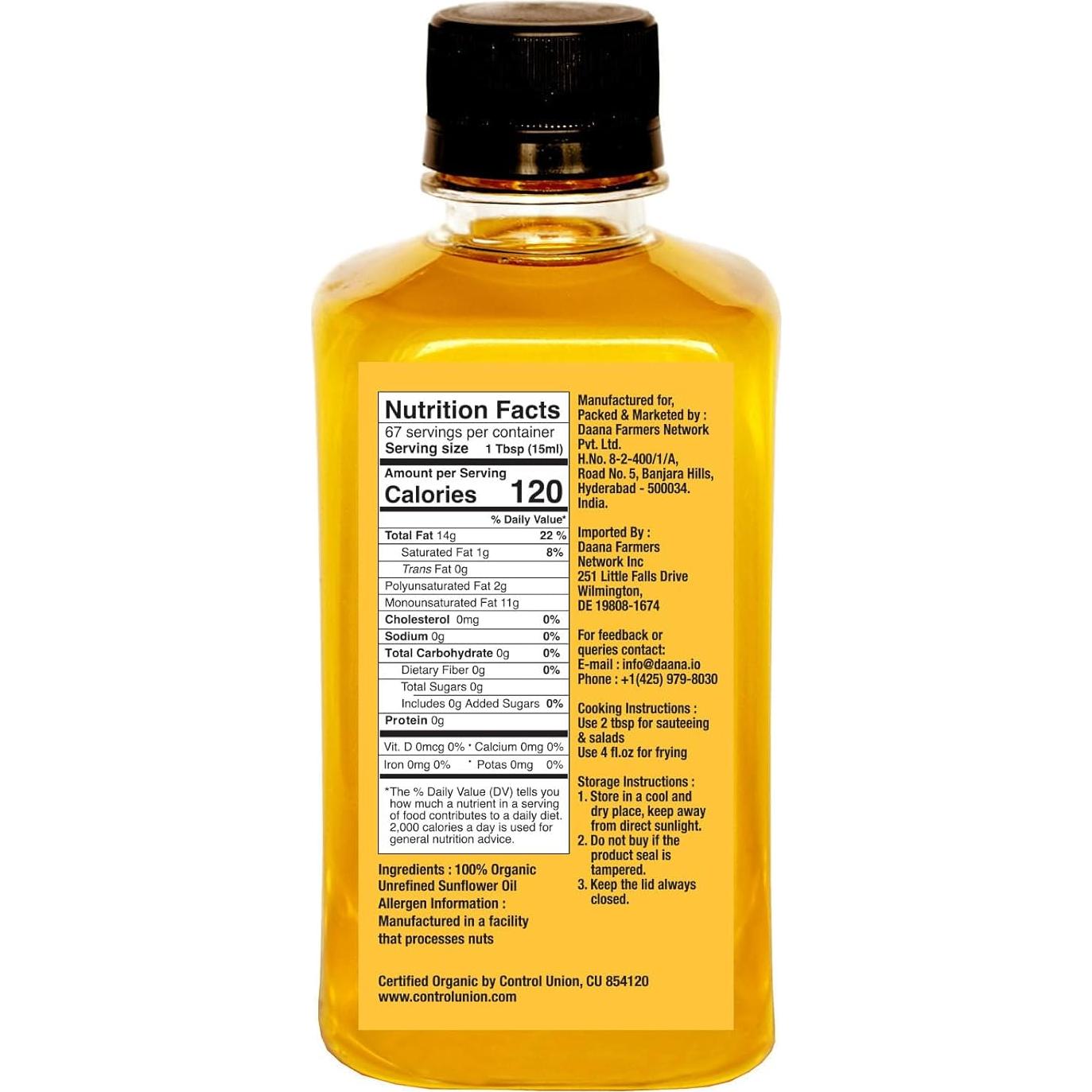 Aceite de Girasol Daana 340 ml Orgánico Prensado en Frío