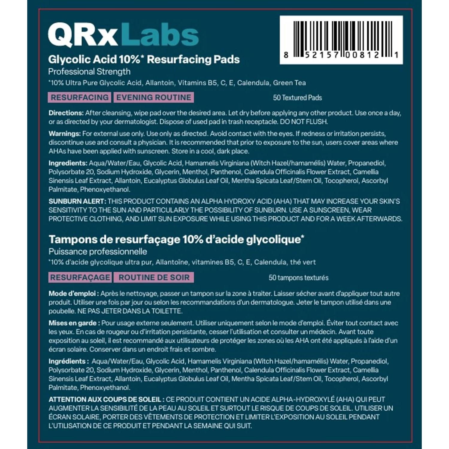 Pads Exfoliantes QRxLabs 10% Ácido Glicólico - 50 Unidades