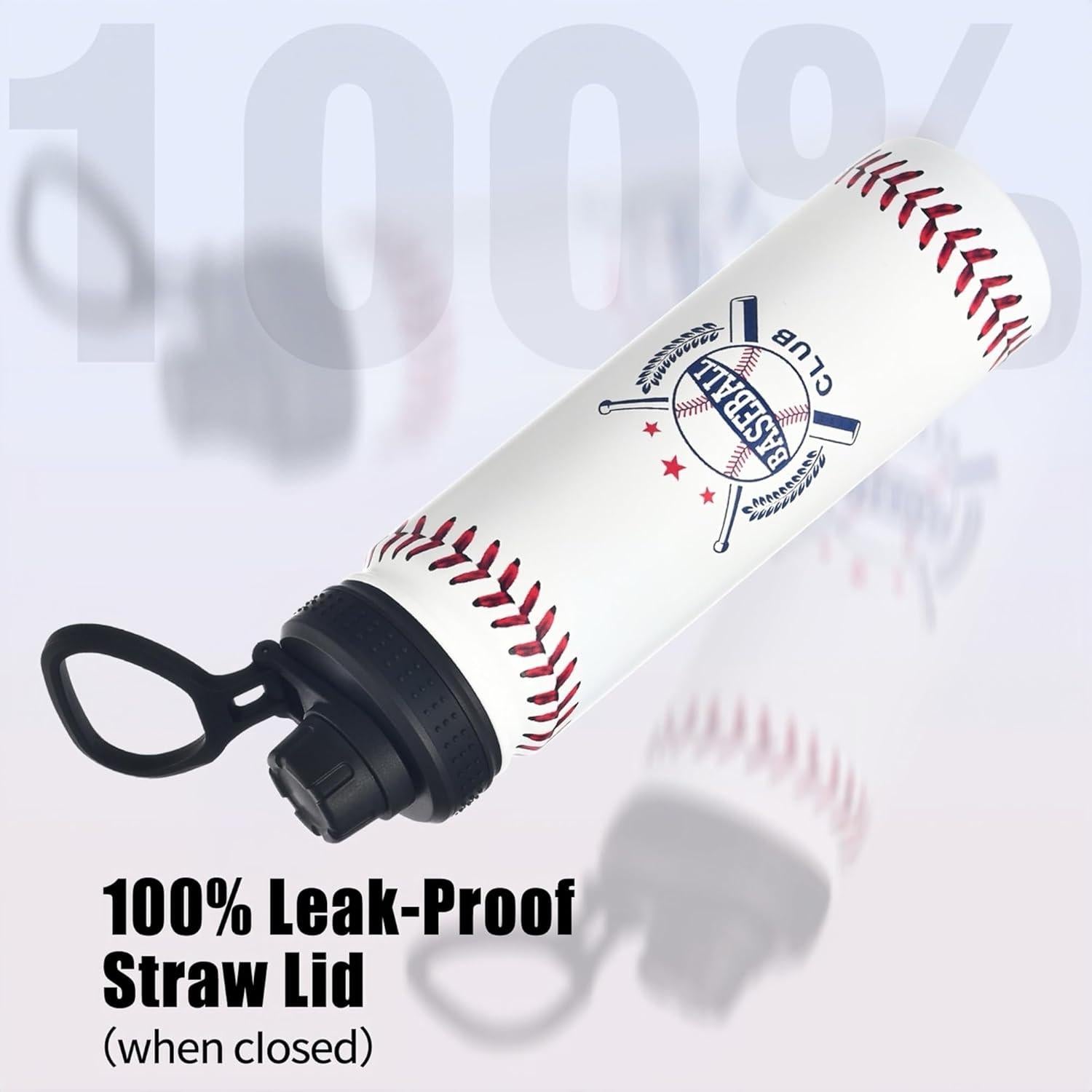 Baseball Water Bottle, 24 oz Insulated Stainless Steel Sports Bottle with Straw, Baseball Stuff Gifts for Boys