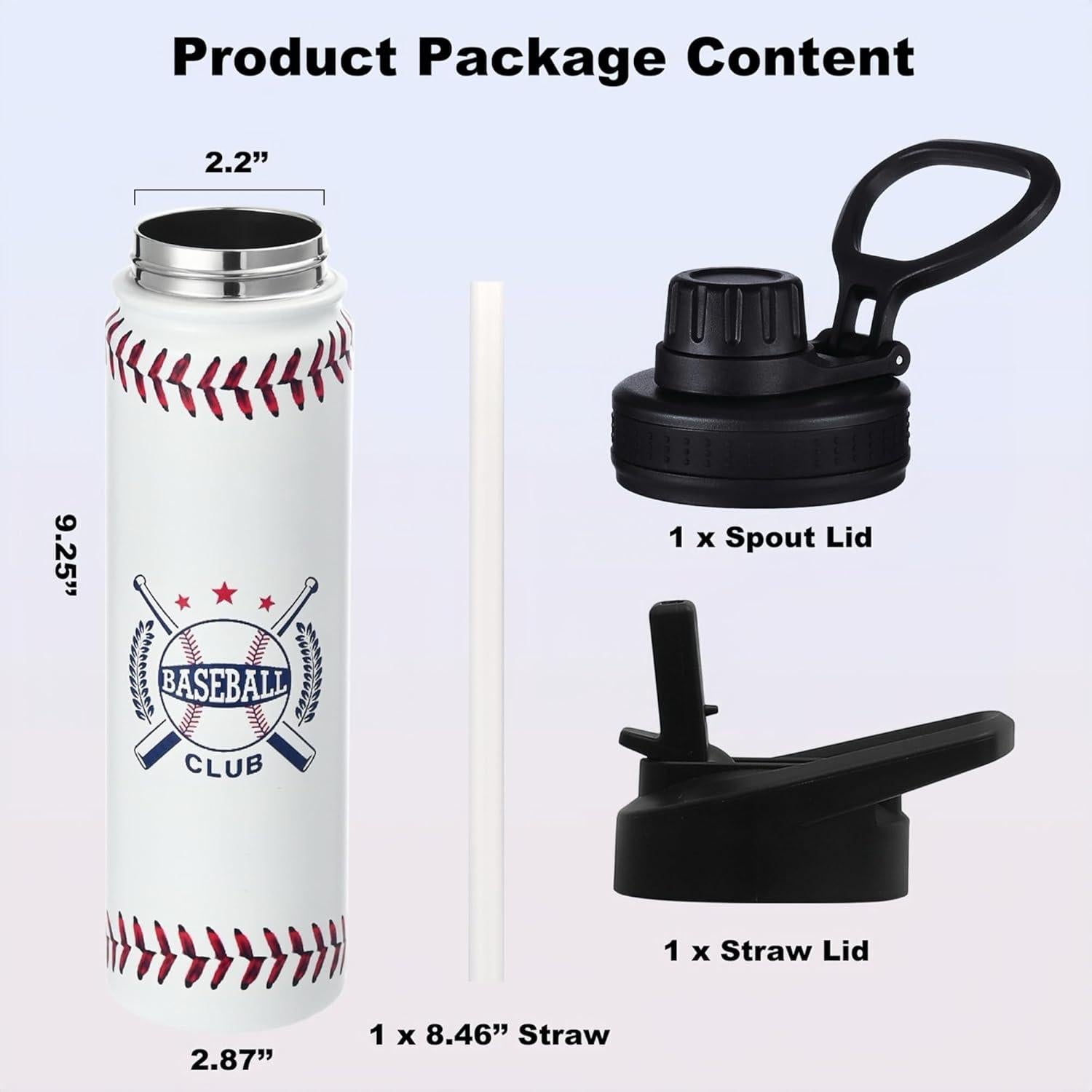 Baseball Water Bottle, 24 oz Insulated Stainless Steel Sports Bottle with Straw, Baseball Stuff Gifts for Boys