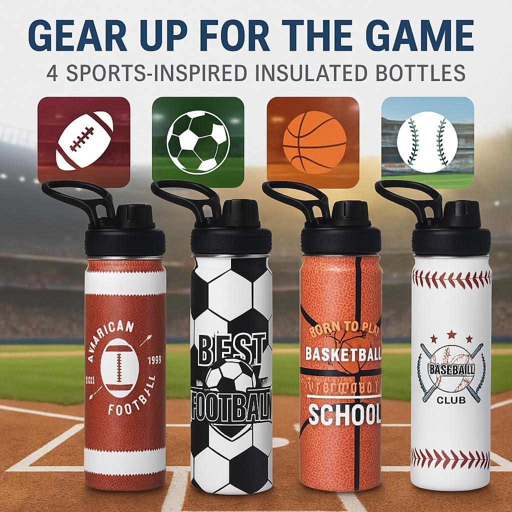 Baseball Water Bottle, 24 oz Insulated Stainless Steel Sports Bottle with Straw, Baseball Stuff Gifts for Boys