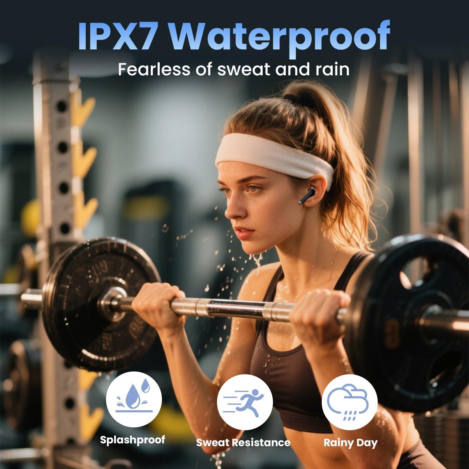 Wireless Earbuds, Bluetooth Headphones with Deep Bass Stereo, 48H Playback Ear Buds with LED Power Display, Lightweight, IPX7, in-Ear Earphones with Mic for iPhone/Android/iPad, Black