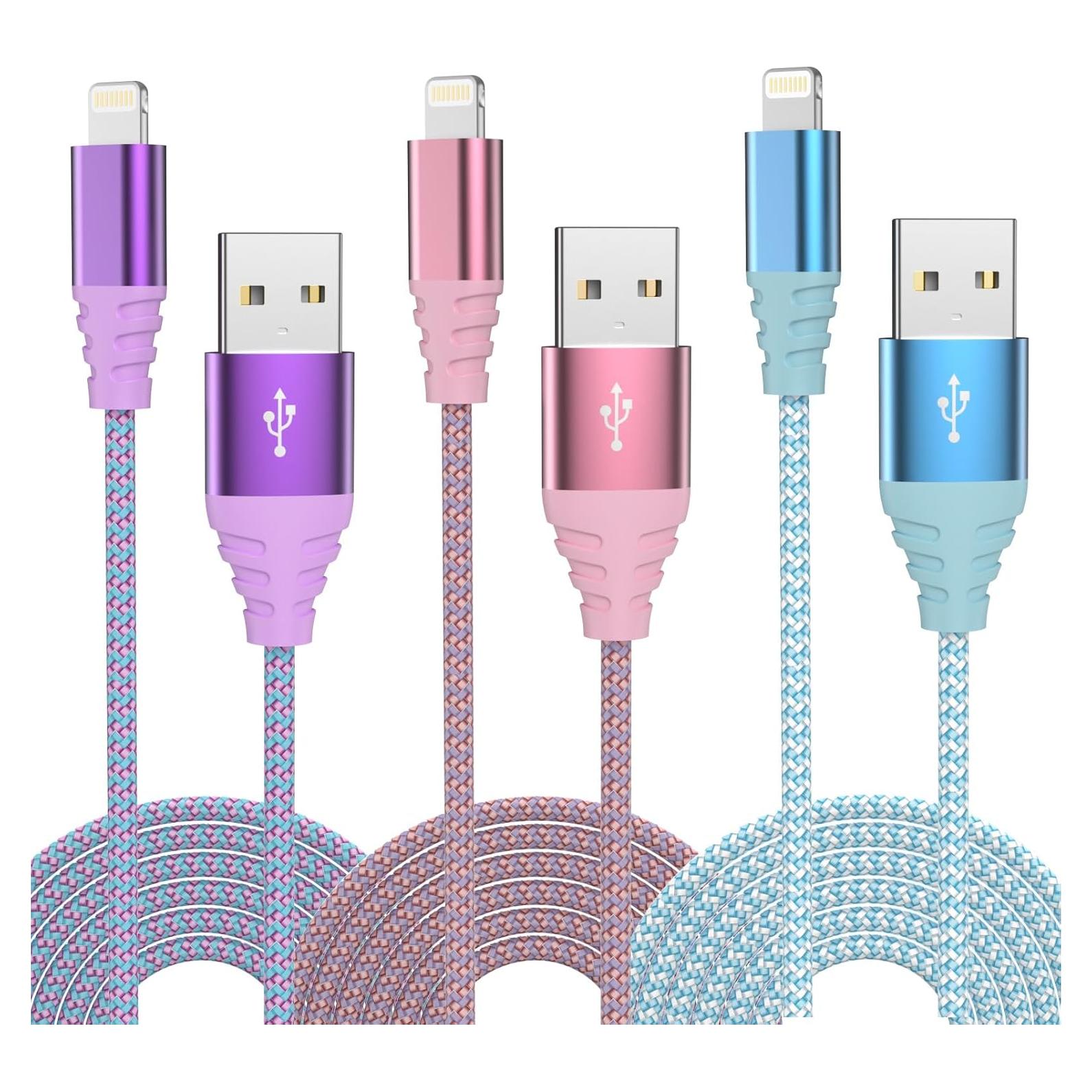 Cargador Rápido Lightning Cuanyeon 3pack 6FT Nylon MFi Rosa/Azul/Púrpura