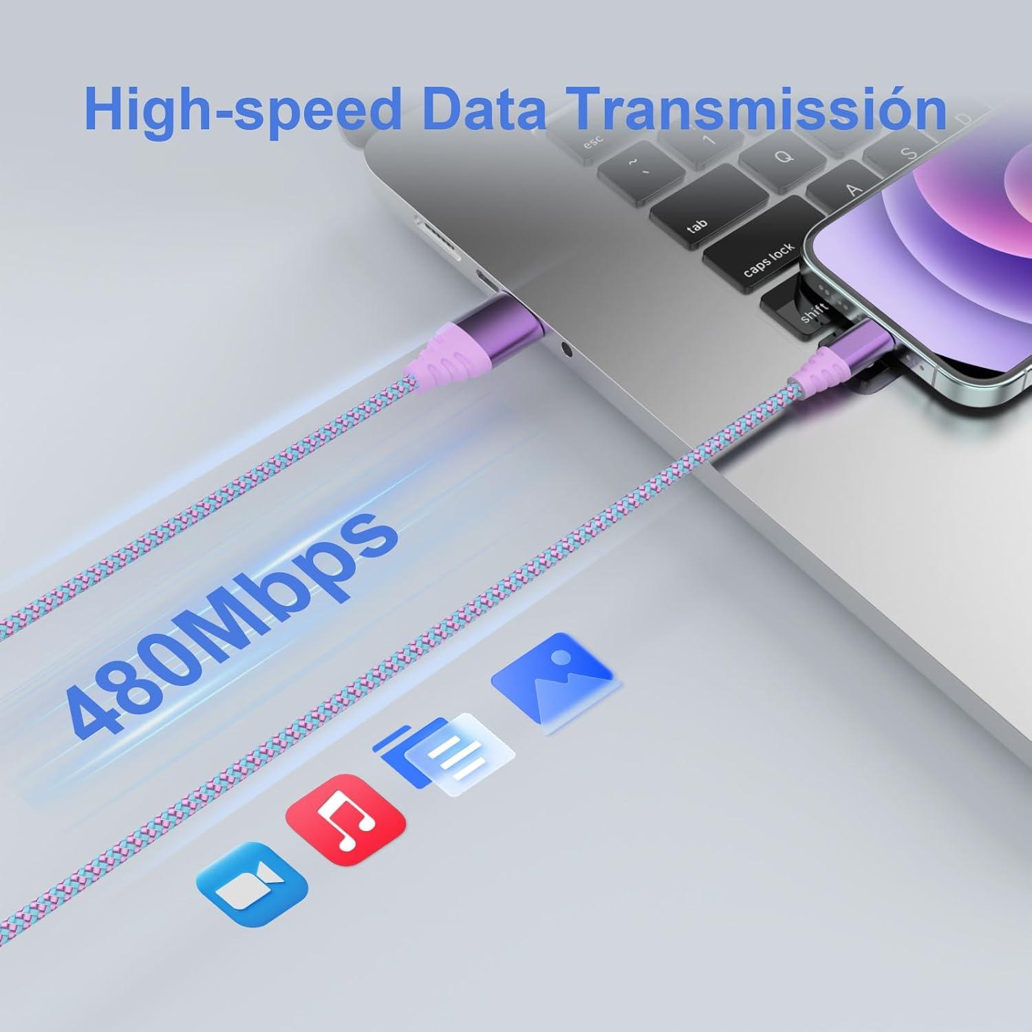 Cargador Rápido Lightning Cuanyeon 3pack 6FT Nylon MFi Rosa/Azul/Púrpura