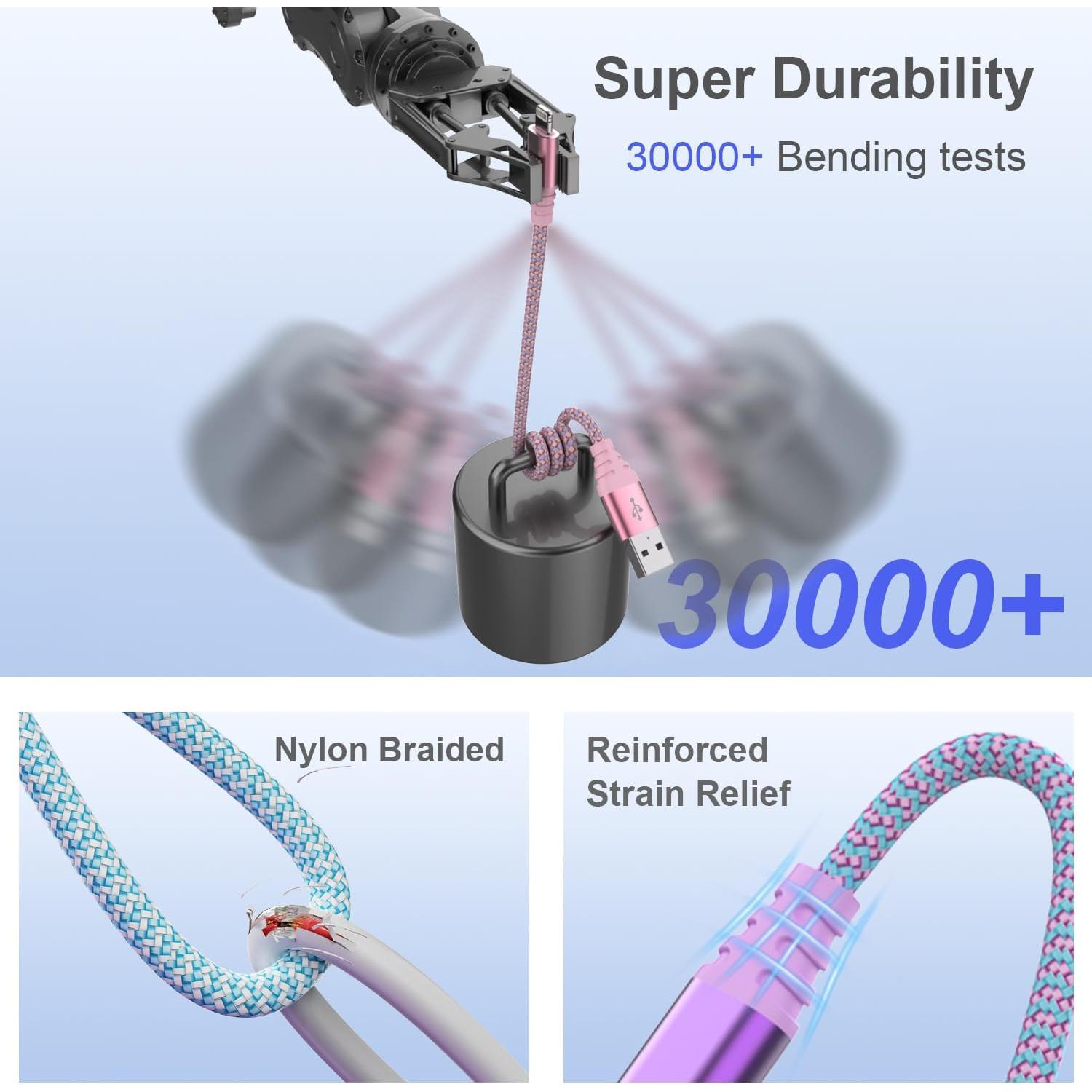 Cargador Rápido Lightning Cuanyeon 3pack 6FT Nylon MFi Rosa/Azul/Púrpura