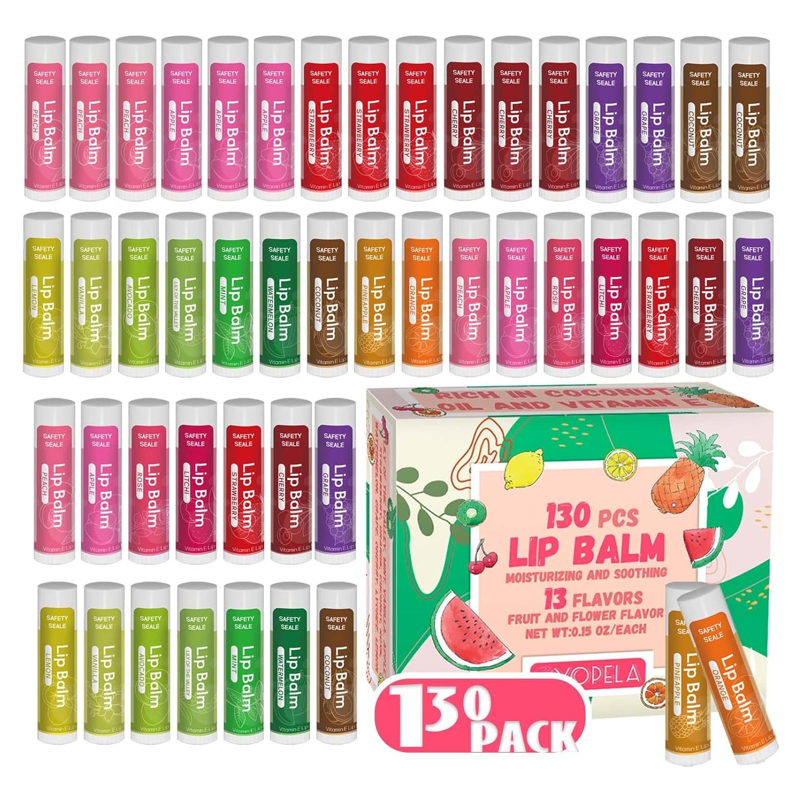 Bálsamo Labial Natural Yopela 130 Unidades - Hidratante con Vitamina E y Aceite de Coco - 13 Sabores