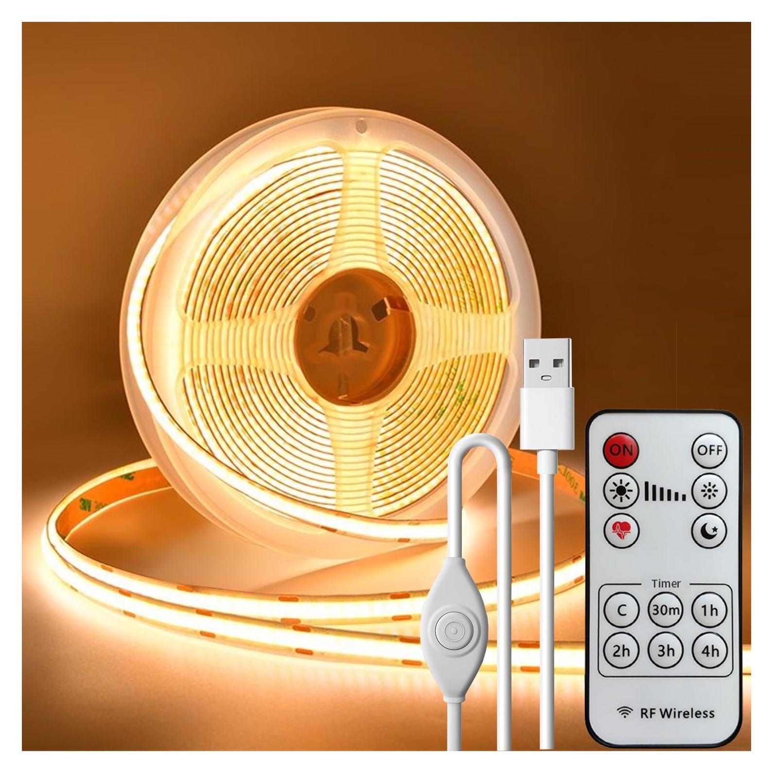 Tira de luz LED COB 2m SCQIKJ USB regulable con control remoto