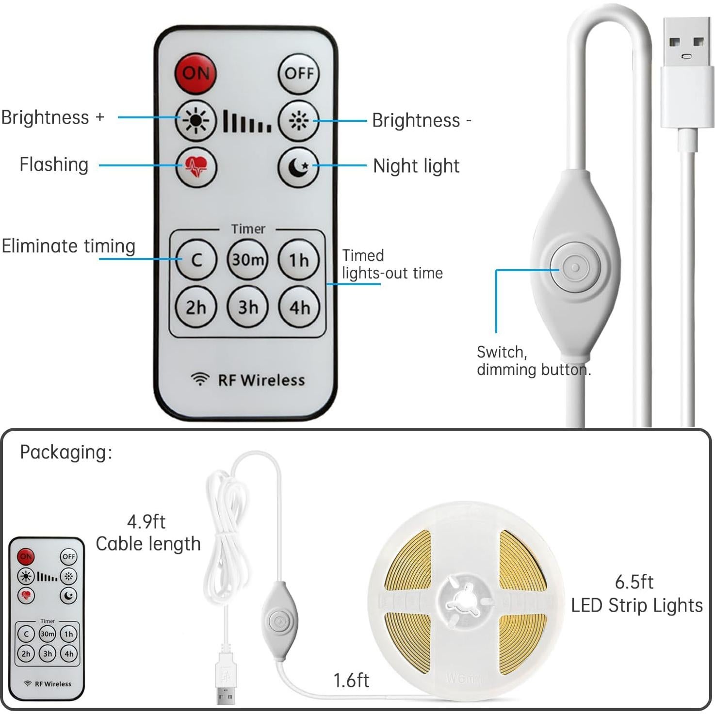 Tira de luz LED COB 2m SCQIKJ USB regulable con control remoto