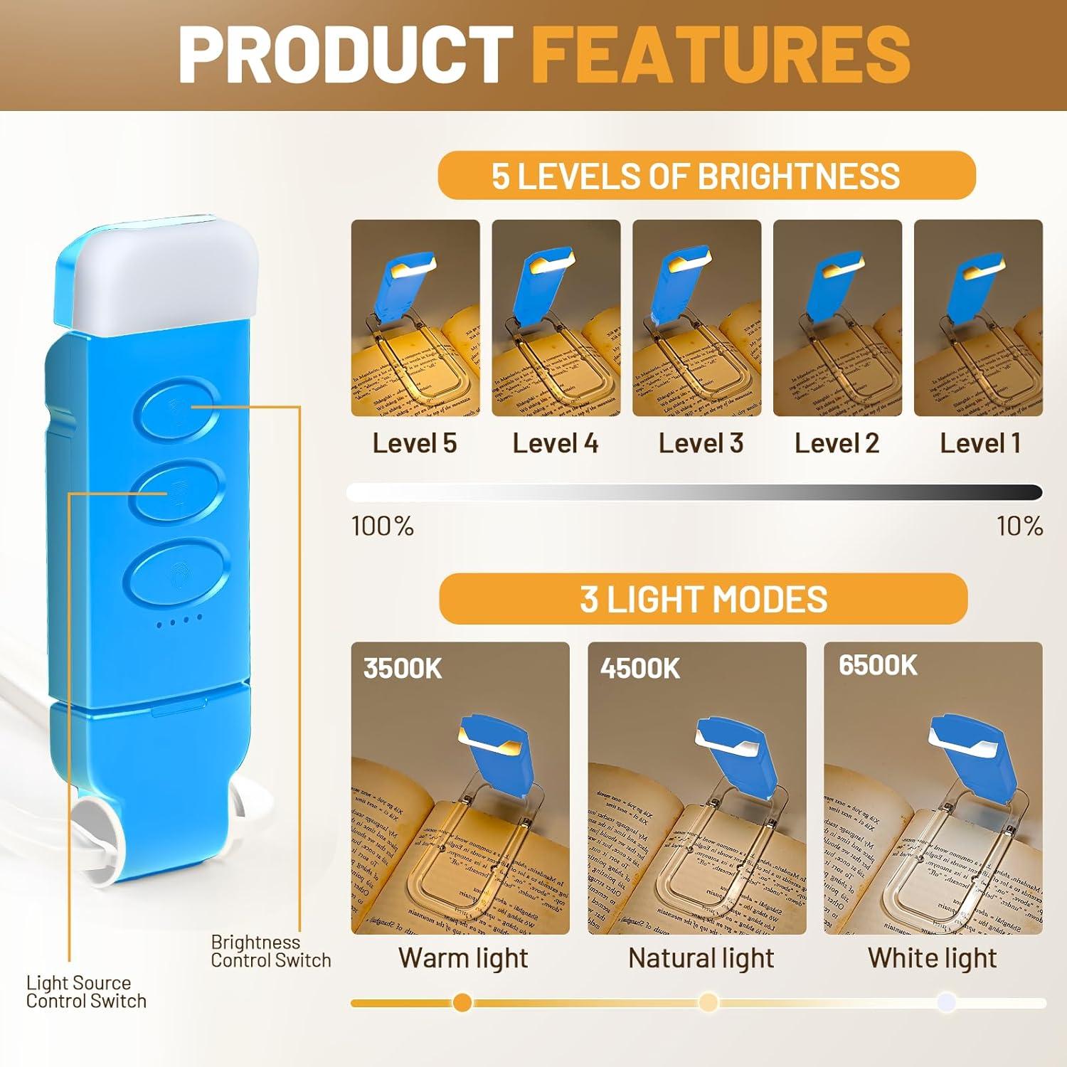 Luz de Lectura Recargable YONSEN con 5 Brillos y 3 Colores