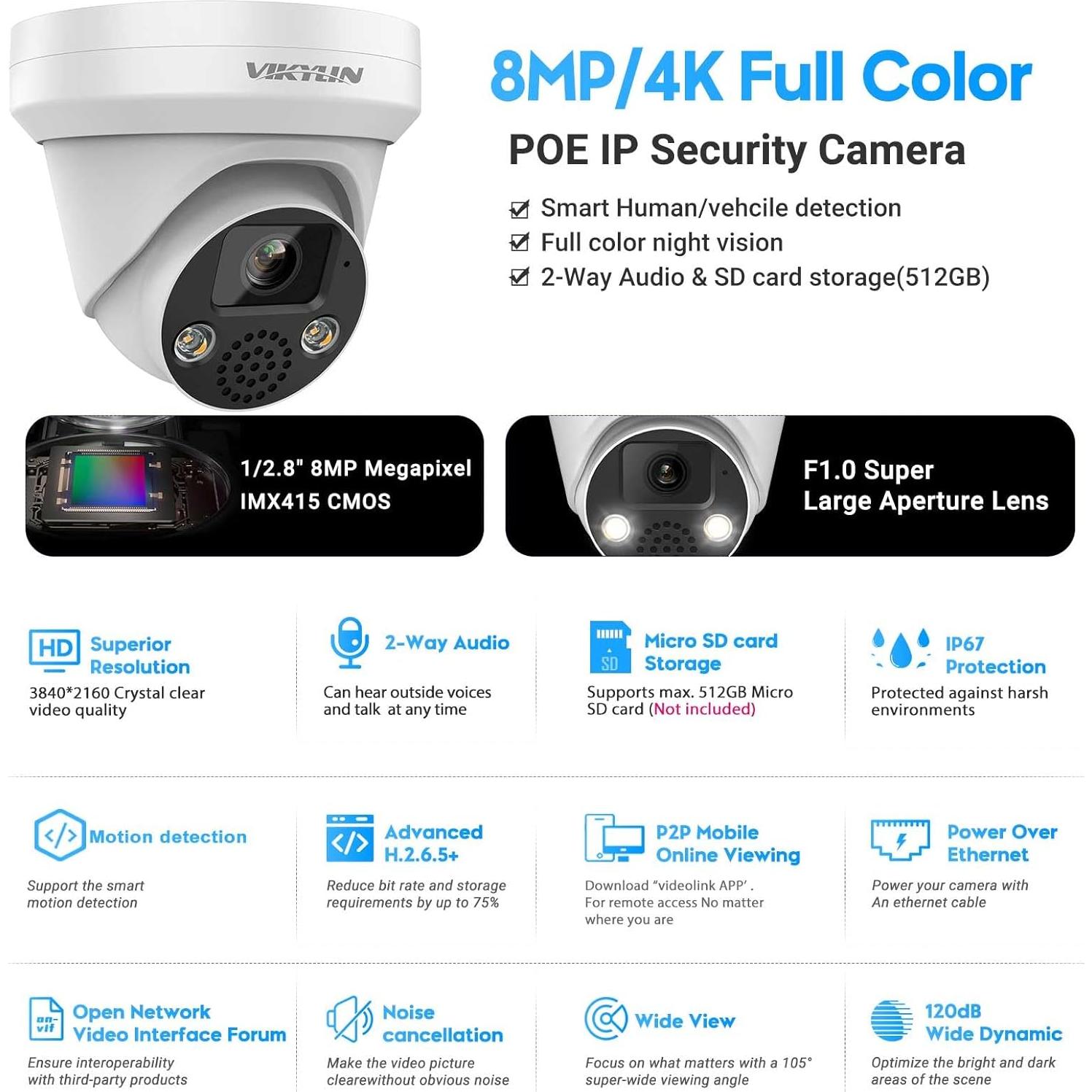 Cámara de Seguridad IP VIKYLIN 4K 8MP PoE Exterior IP67