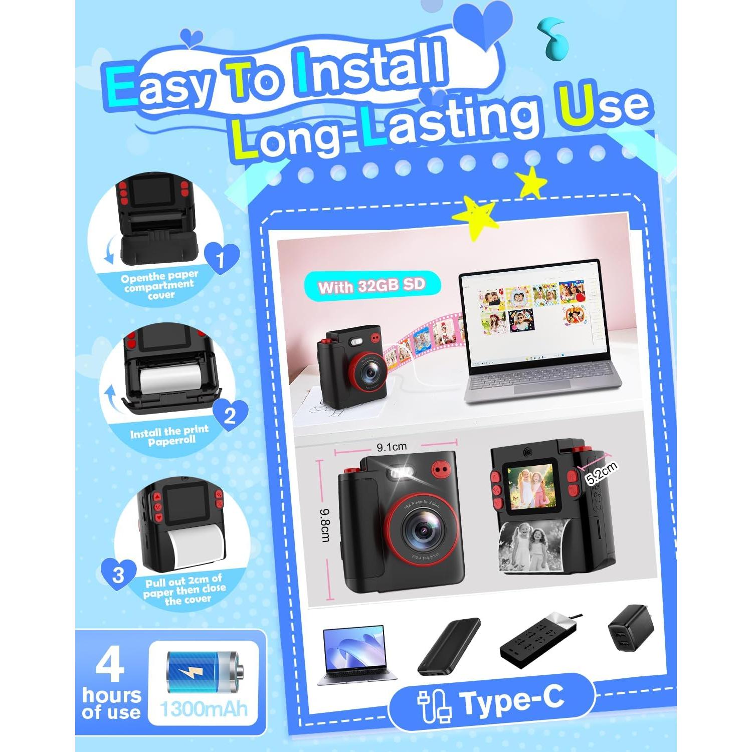 Cámara Instantánea MYSTILUCK X8D para Niños 3-12 Años 1080P