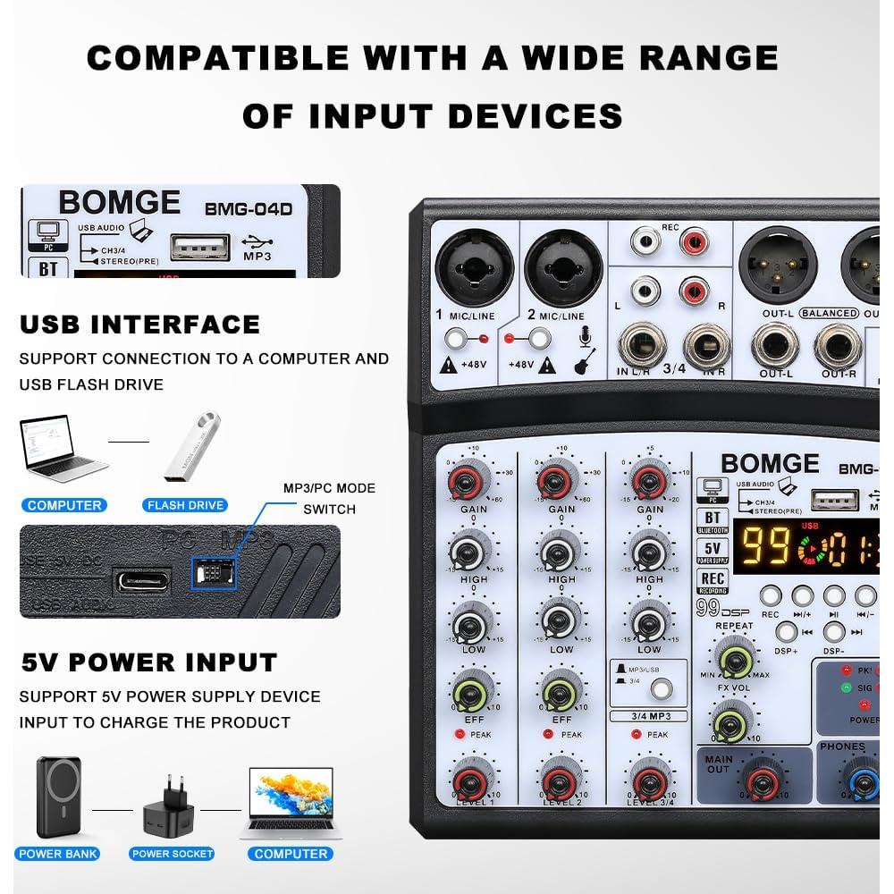 Mezclador de Audio BOMGE 04D Bluetooth 4 Canales USB 48V