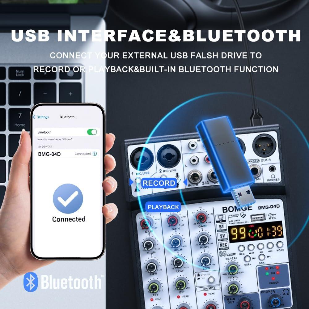 Mezclador de Audio BOMGE 04D Bluetooth 4 Canales USB 48V