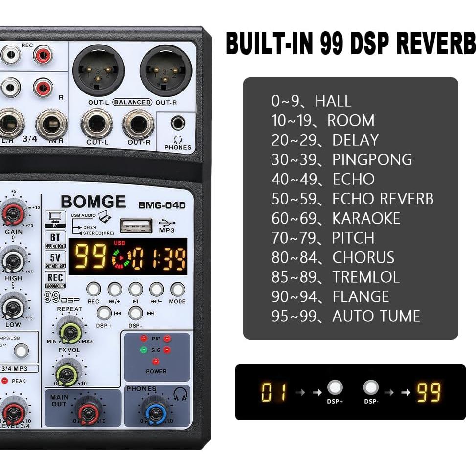 Mezclador de Audio BOMGE 04D Bluetooth 4 Canales USB 48V