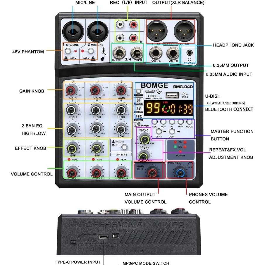 Mezclador de Audio BOMGE 04D Bluetooth 4 Canales USB 48V