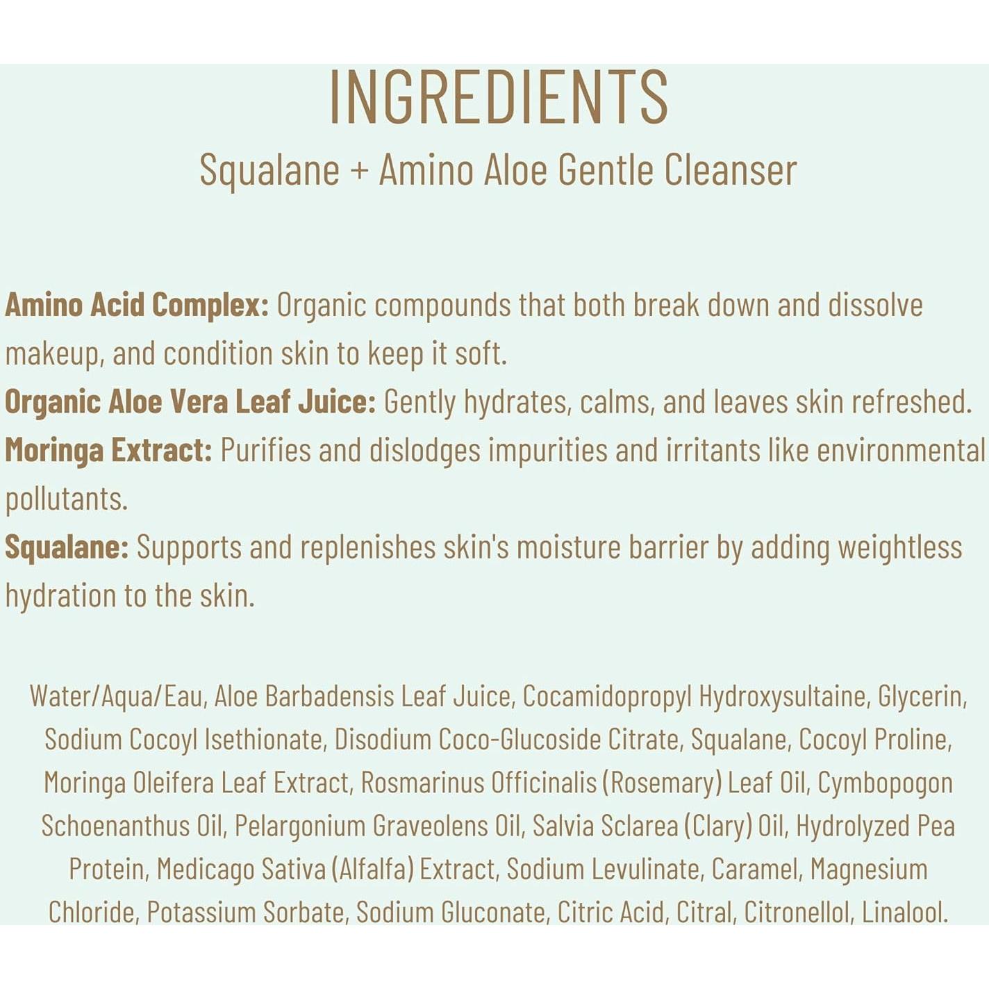 BIOSSANCE Squalane + Amino Aloe Gentle Face Wash – Foaming Facial Cleanser Gel – Hydrating for All Skin Types – Removes Makeup & Deeply Cleans Pores with Moringa Extract – Soothes with Aloe Vera