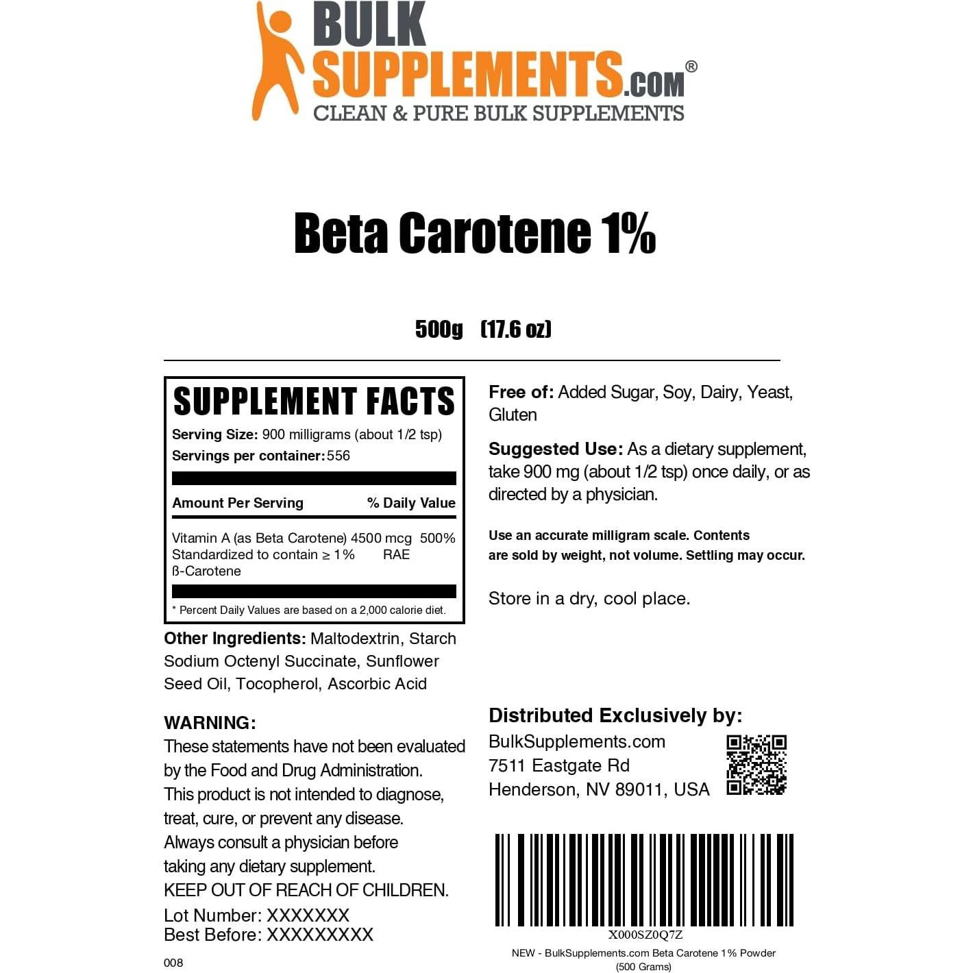Polvo de Beta Caroteno BulkSupplements 500g - Suplemento Vitamina A