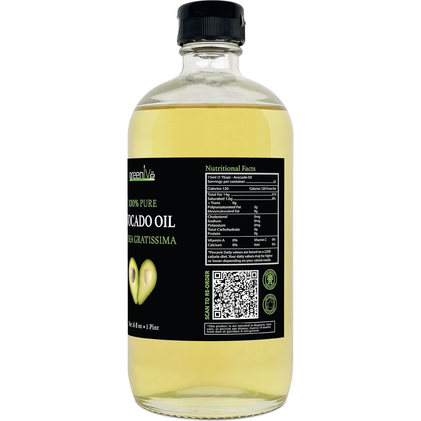 Aceite de Aguacate GreenIVe 100% Puro 473ml Prensado en Frío