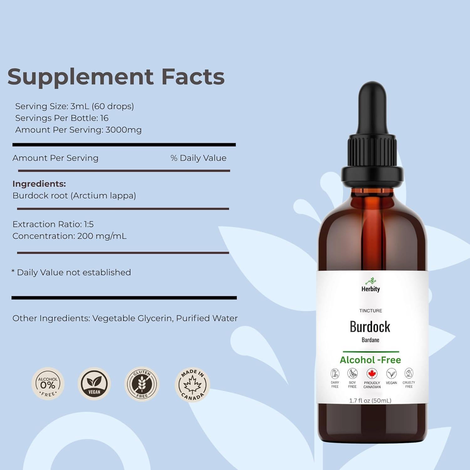 Tintura de raíz de bardana Herbity 50 ml - Sin alcohol, vegano