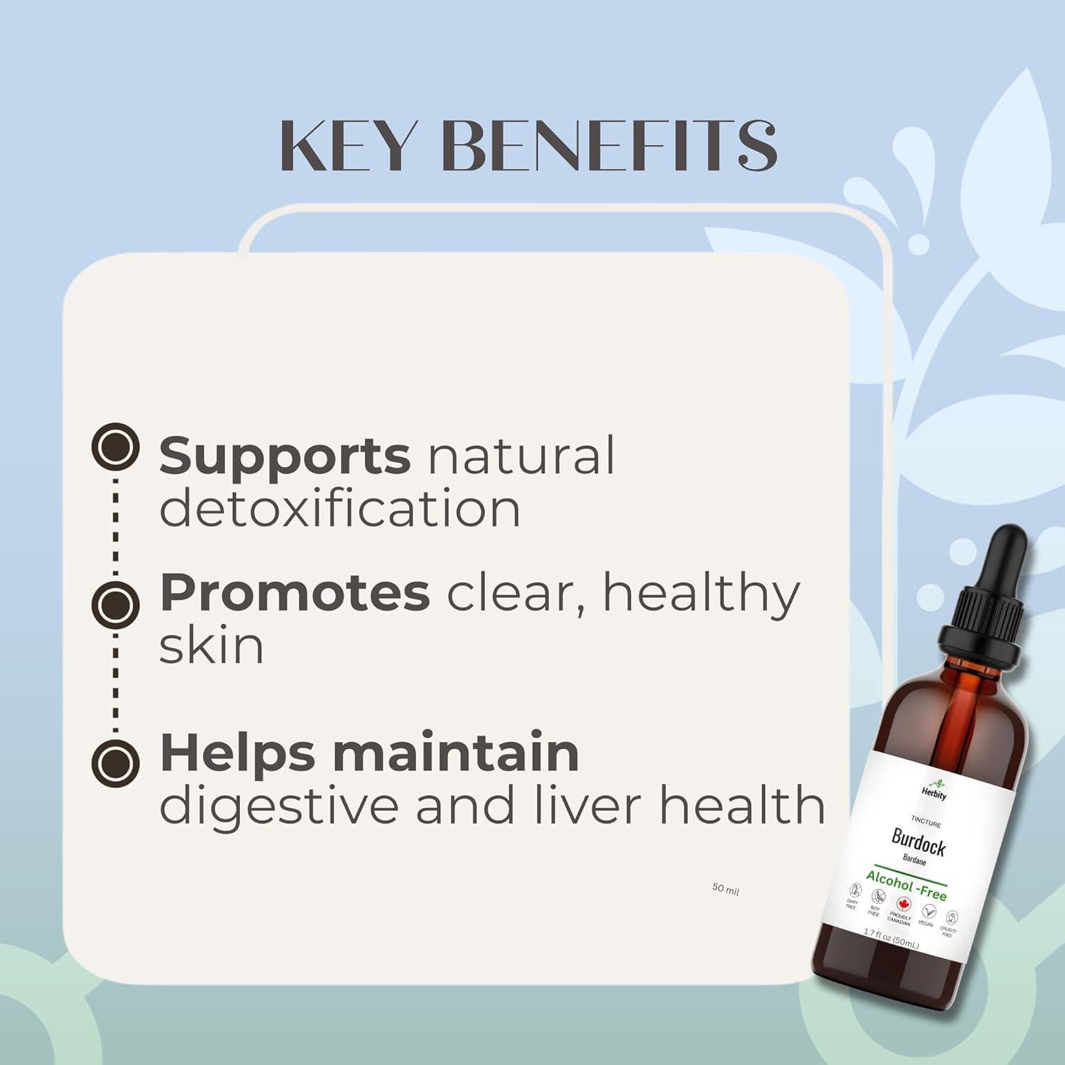 Tintura de raíz de bardana Herbity 50 ml - Sin alcohol, vegano